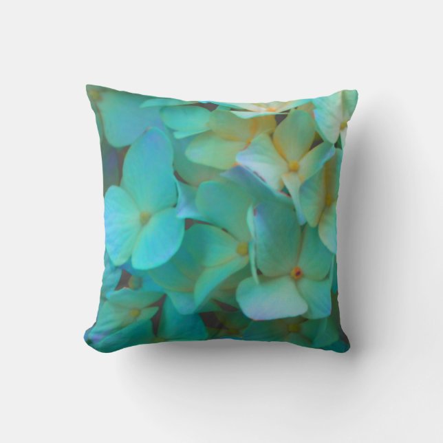Coussin Turquoise bleu jaune rose hydrangée fleurs florale (Recto)