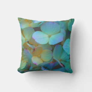 Coussin Turquoise bleu jaune rose hydrangée fleurs florale