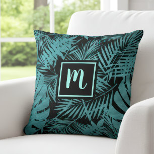 Coussin Turquoise bleu monogramme tropical feuille de palm