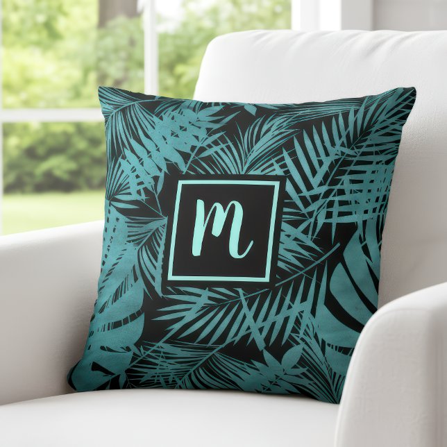 Coussin Turquoise bleu monogramme tropical feuille de palm (Créateur téléchargé)