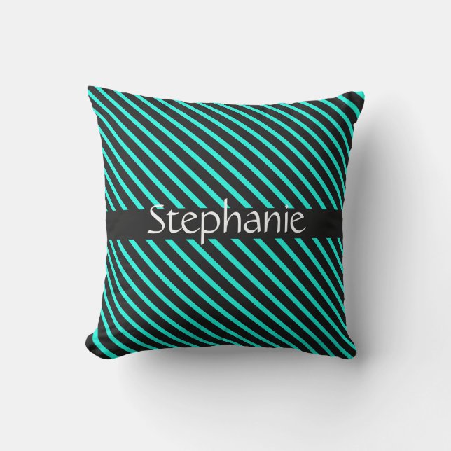 Coussin Turquoise Bleu Noir Blanc Personnalisé Nom Stripes (Recto)