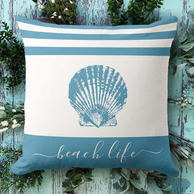 Coussin Turquoise bleu plage vie script seashell moderne c (Créateur téléchargé)