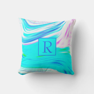 Coussin Turquoise bleu rose blanc Abstrait ondulé Monogram