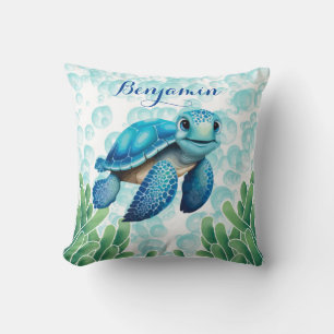 Coussin Turquoise Blue Sea Turtle Seaweed Baby Boy Cadeau