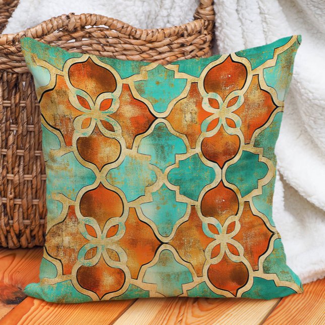 Coussin Turquoise Burange Orange Marocain Carrelage Boho (Turquoise Burnt Orange Moroccan Tile Boho Throw Pillow)