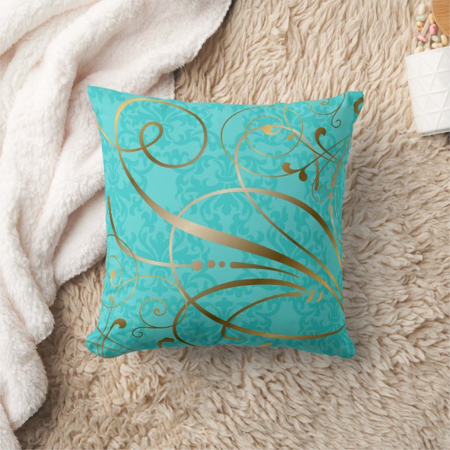 Coussin Turquoise Damask Gold Swirls Flouris (Couverture)