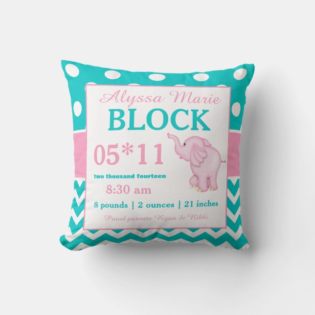 Coussin turquoise de faire-part de bébé d'éléphant (Recto)