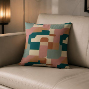 Coussin Turquoise du milieu du siècle, rose, orange et crè