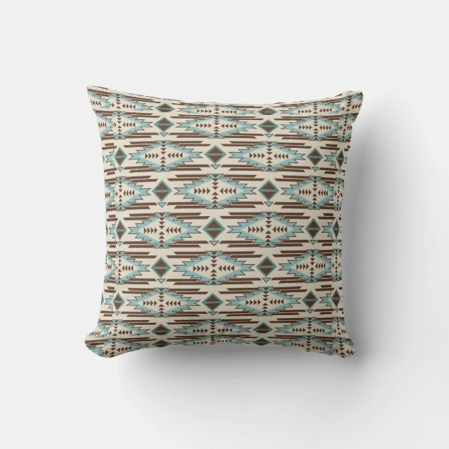Coussin Turquoise et Brown Motif tribal du sud-ouest (Recto)