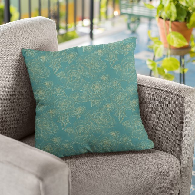 Coussin Turquoise et or abstrait motif floral moderne chic (Créateur téléchargé)