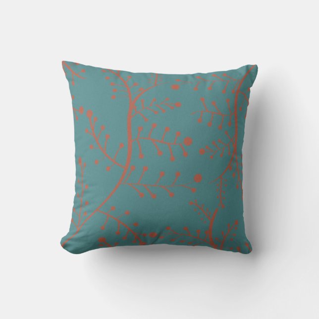 Coussin Turquoise foncé et Saumon Orange Tree Branch Motif (Recto)