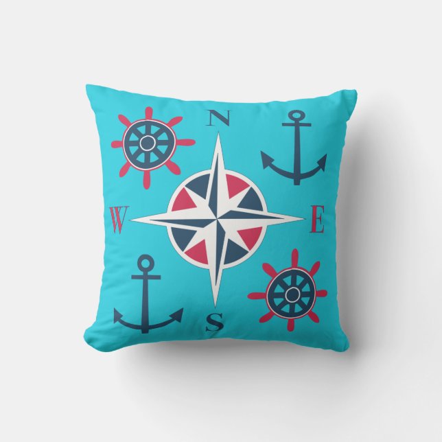 Coussin Turquoise nautique de blanc de rouge bleu (Recto)