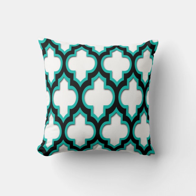 Coussin Turquoise Noir Blanc Motif Quatrefoil Marocain #4D (Recto)