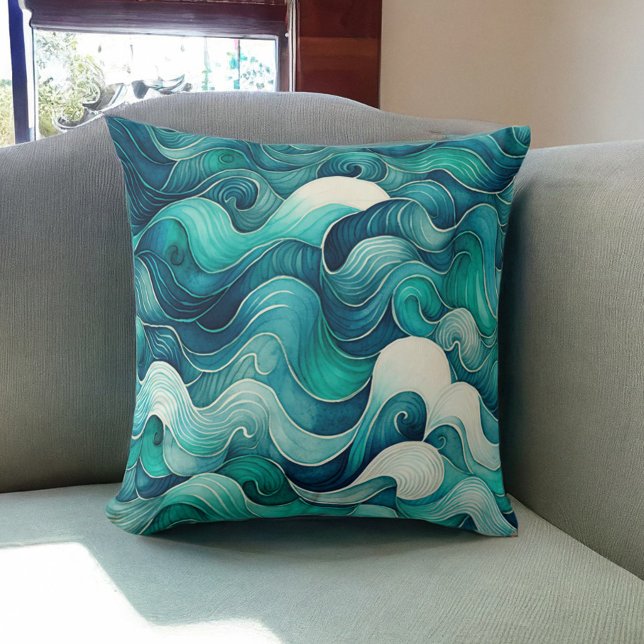 Coussin Turquoise Ocean Waves Beach House (Créateur téléchargé)