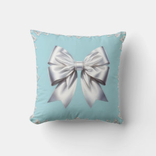 Coussin Turquoise œuf de merle bleu grand nœud blanc marié