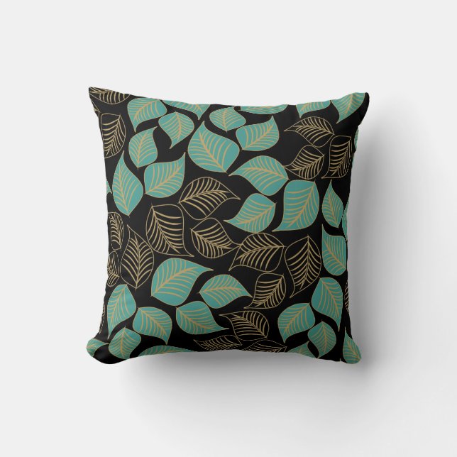 Coussin Turquoise or vert large feuille motif sur noir (Recto)