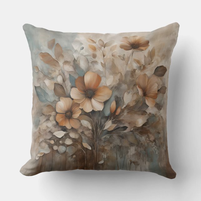 Coussin Turquoise Orange Beige Tons Fleur sauvage Floral (Recto)