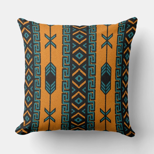 Coussin Turquoise Orange Sud-Ouest Tribal Aztec Design (Recto)