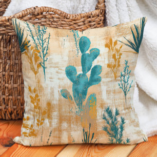 Coussin Turquoise Taupe Rustique Ferme Désert Cactus