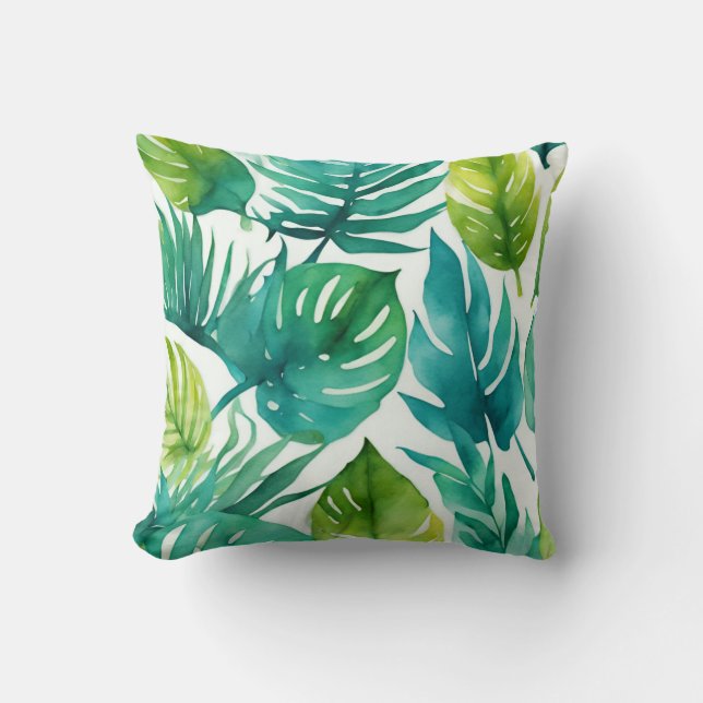 Coussin Turquoise Vert Tropical Feuilles Palm Fronds Feuil (Recto)