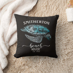 Coussin Turtle Black Turquoise Beach Nom de famille