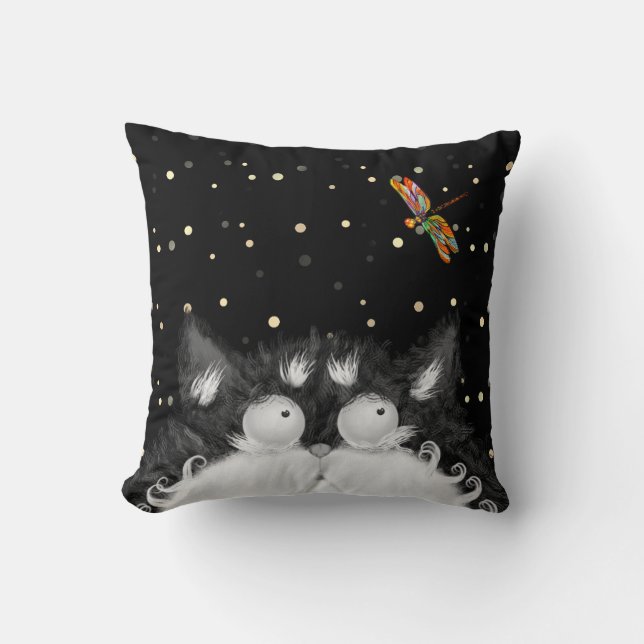Coussin Tuxedo Cat surpris par la libellule Throw Pillow (Recto)