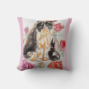 Coussin Tuxedo Chat Cute Rose Fleurs Chats Aquarelle Rose