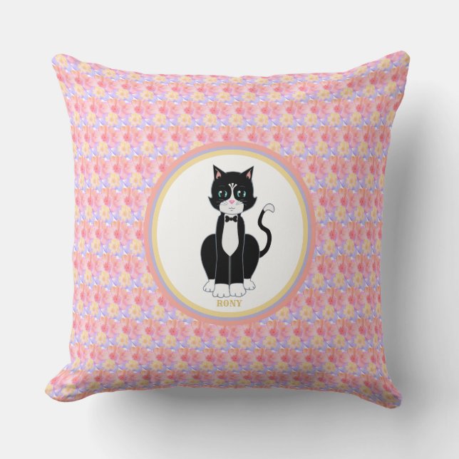 Coussin Tuxedo Chat sur Flower Arrière - plan (Recto)