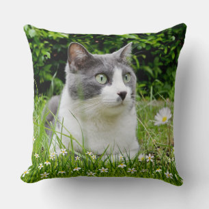Coussin Tuxedo Gris & Blanc Chat & Fleurs