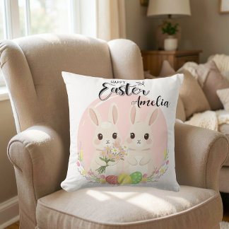 Coussin Two Easter Bunnies Personalized Throw Pillow