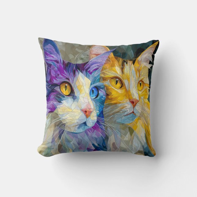 Coussin Two Purple and Yellow Cats (Recto)