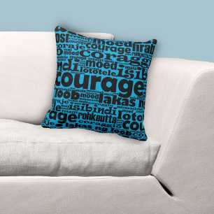 Coussin Type multilingue Motif Courage bleu et noir