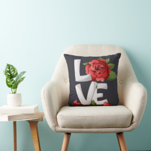 Coussin Typographie d'amour de rose rouge romantique sombr