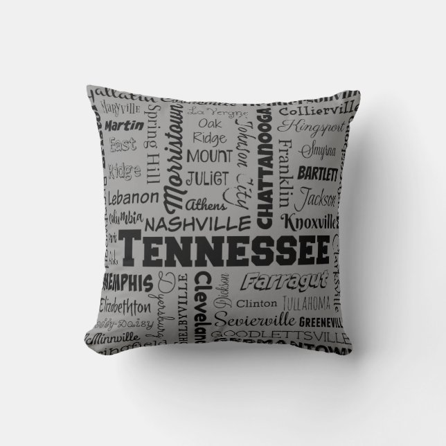 Coussin Typographie de villes du Tennessee, grise (Recto)