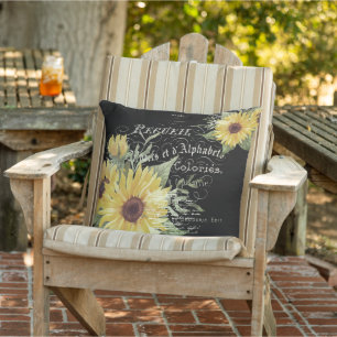 Coussin Typographie vintage et tournesols sur noir