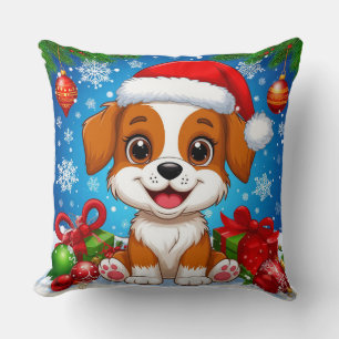 Coussin Un adorable chiot au chapeau de Père Noël avec des