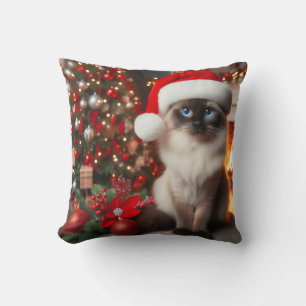 Coussin Un chat siamois avec un chapeau de Père Noël