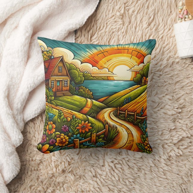 Coussin Un coucher de soleil animé sur une campagne paisib (Couverture)