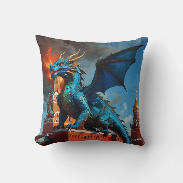 Coussin Un dragon bleu et or visite Moscou (Recto)