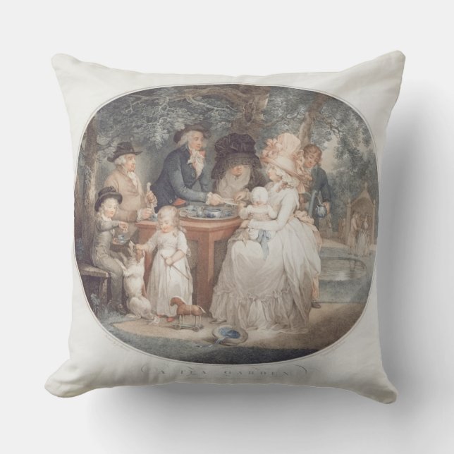 Coussin Un jardin de thé, gravure de pointillé de couleur (Recto)