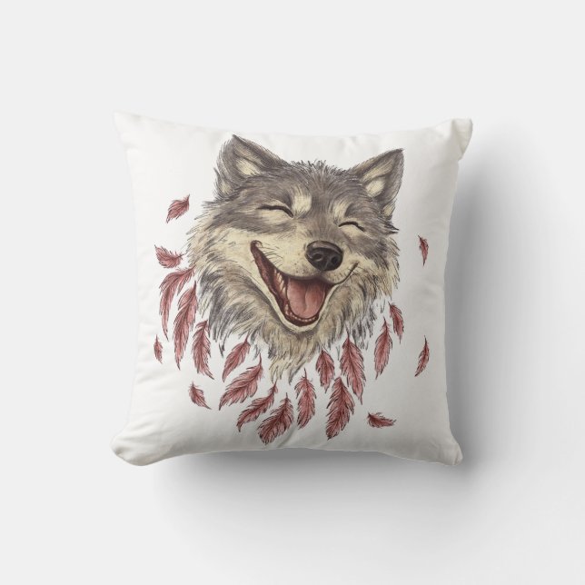 Coussin Un loup souriant joyeux en plumes (Recto)
