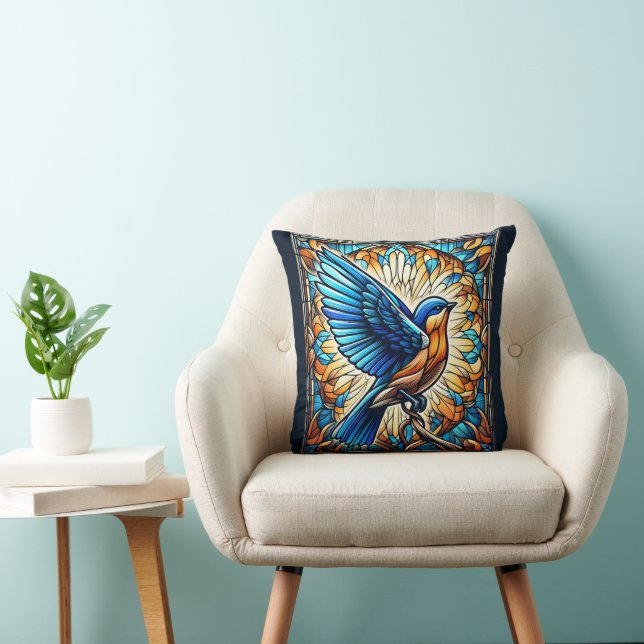 Coussin Un oiseau bleu serein : Oeuvre en verre tendu (Chaise)
