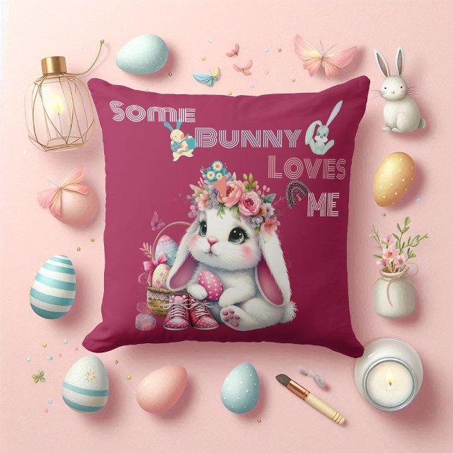 Coussin Un petit lapin m'aime Corbeille de printemps fanta (Some Bunny Loves Me Whimsical Spring Basket Custom Throw Pillow)