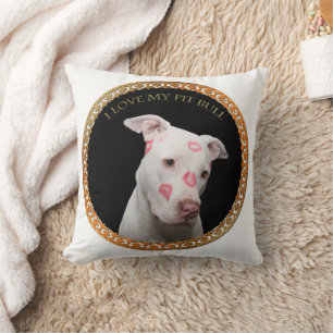 Coussin Un pitbull blanc avec des baisers rouges partout s