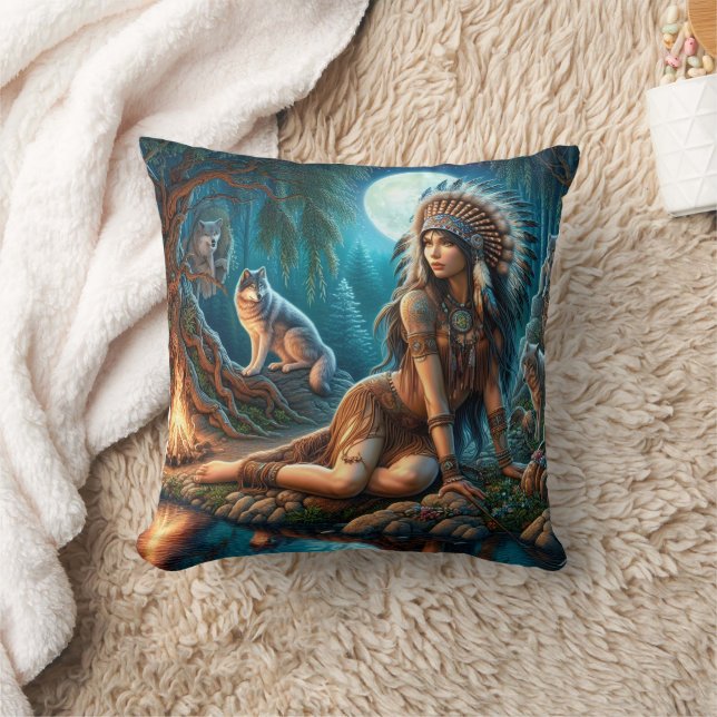 Coussin Une Américaine Autochtone Assis Avec Des Loups La  (Couverture)