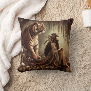 Coussin Une Américaine D'Origine Assis Avec Un Tigre Par R