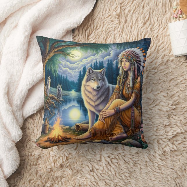 Coussin 'Une femme amérindienne et un loup par lac' (Couverture)
