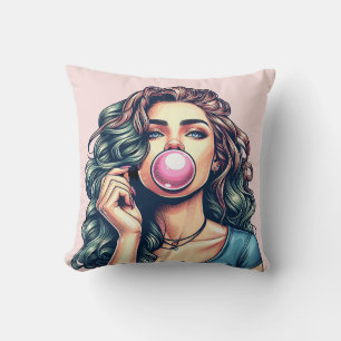 Coussin Une femme soufflant bulle gomme bulle art