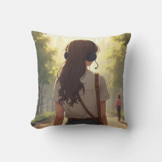 Coussin Une fille émotionnelle écoutant de la musique lanc
