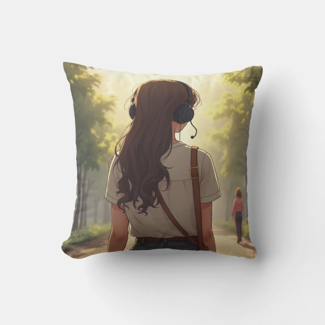Coussin Une fille émotionnelle écoutant de la musique lanc (Recto)